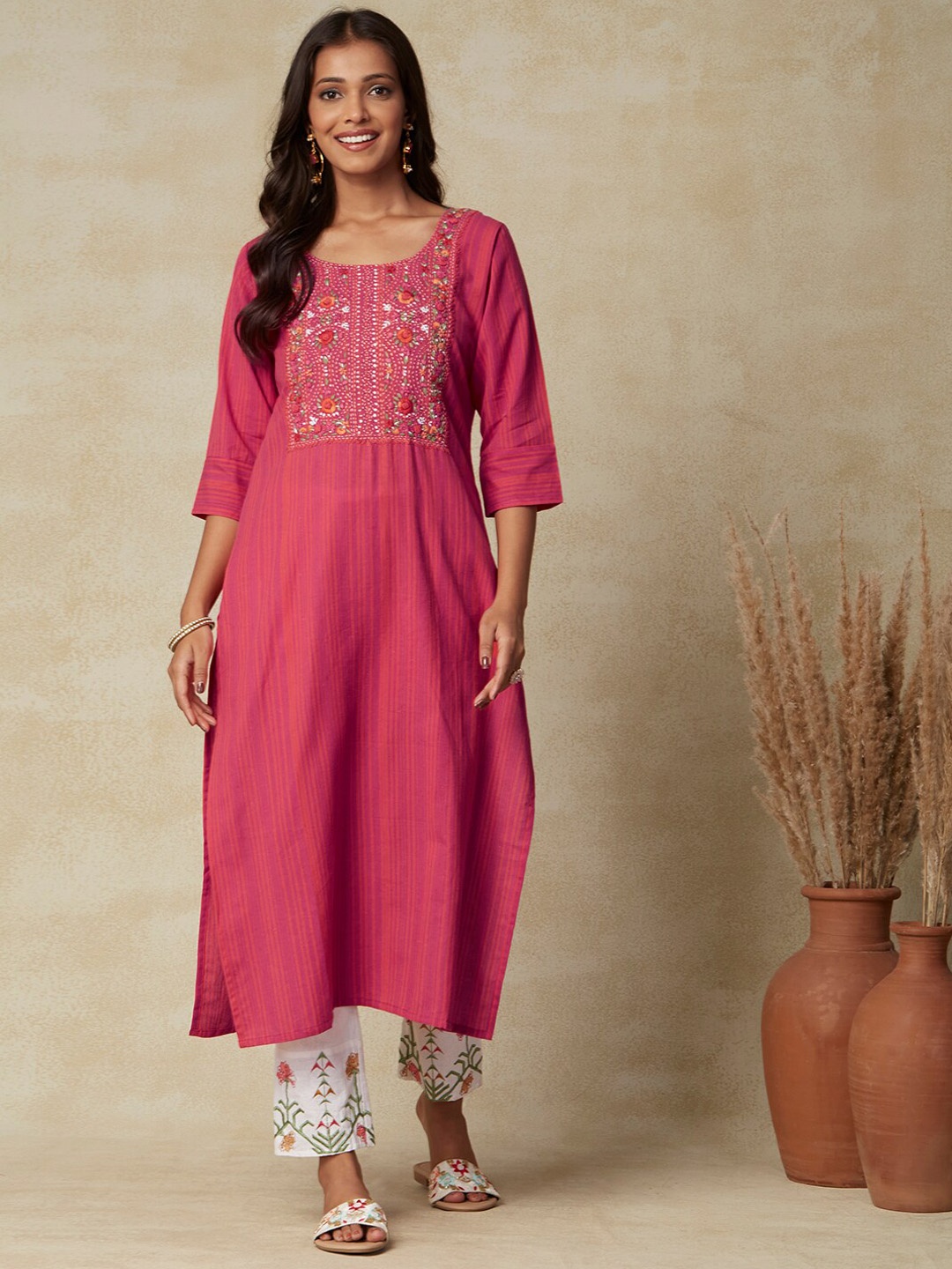 

FASHOR Pink Floral Yoke Design Cotton Kurta