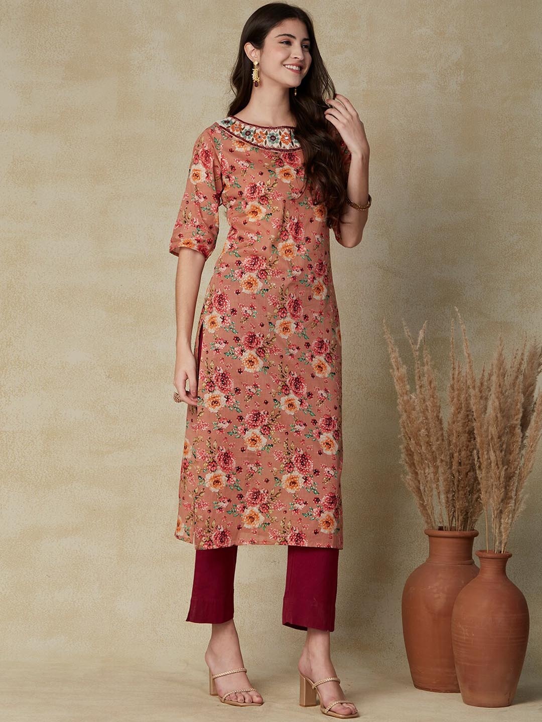 

FASHOR Rose Gold Floral Printed Mirror Work Detailed Boat Neck Straight Kurta