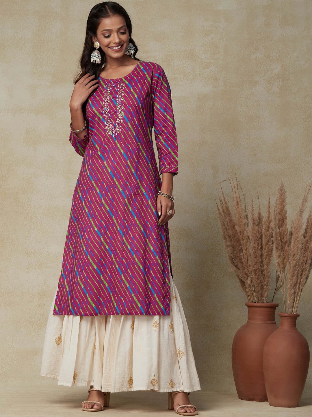 

FASHOR Purple Leheriya Printed Embroidered Round Neck Straight Kurta