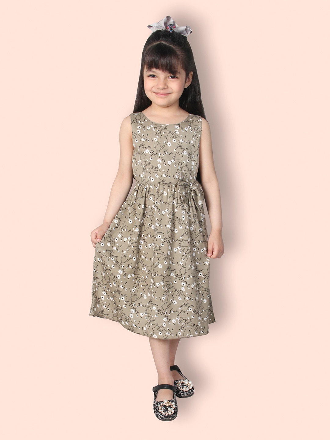 

ADDYVERO Girls Floral Printed Bow Detail Cotton A-Line Midi Dress, Green