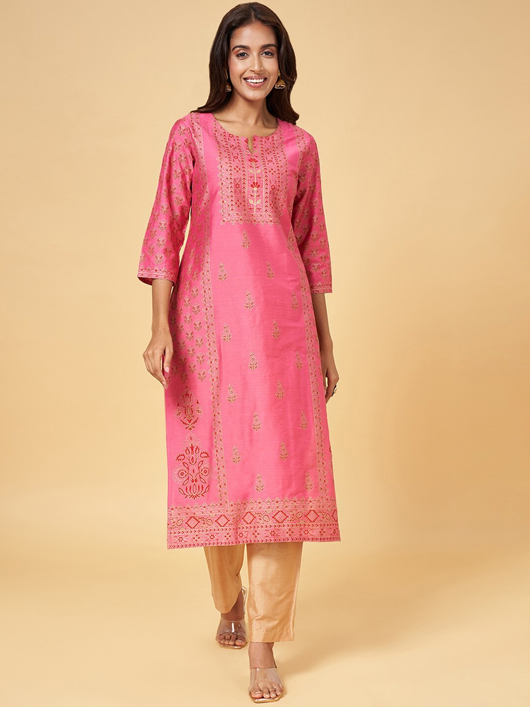 

RANGMANCH BY PANTALOONS Ethnic Motifs Printed Notched Neck Straight Kurta, Red