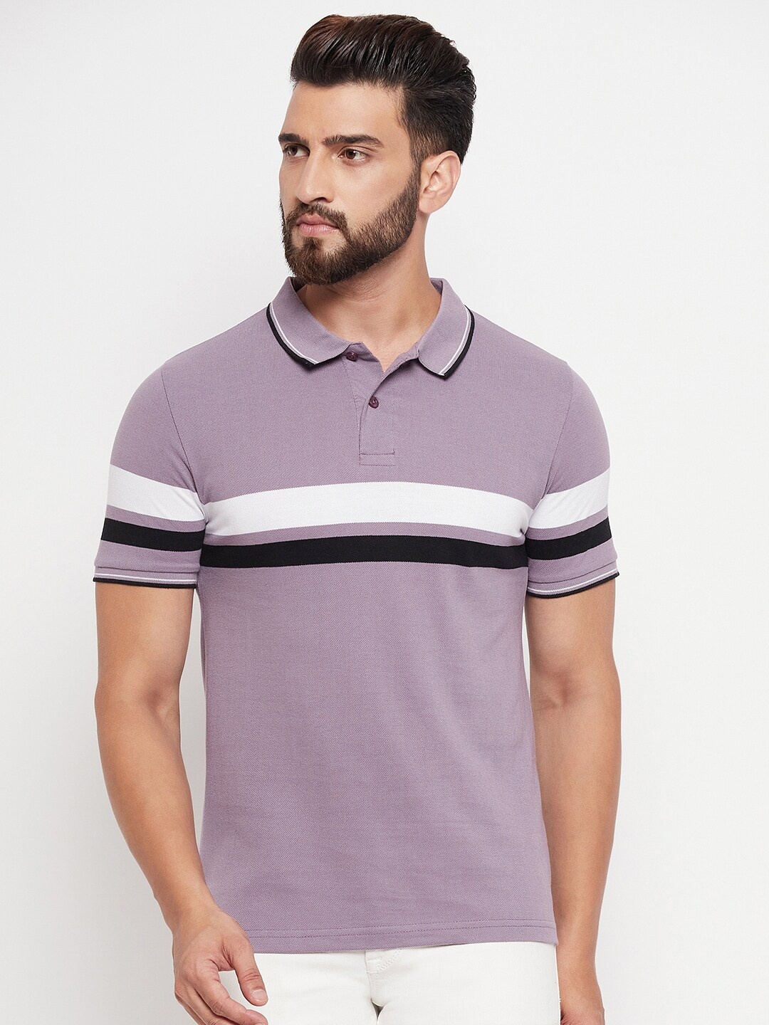 

Austin wood Striped Polo Collar Slim Fit Cotton T-shirt, Mauve