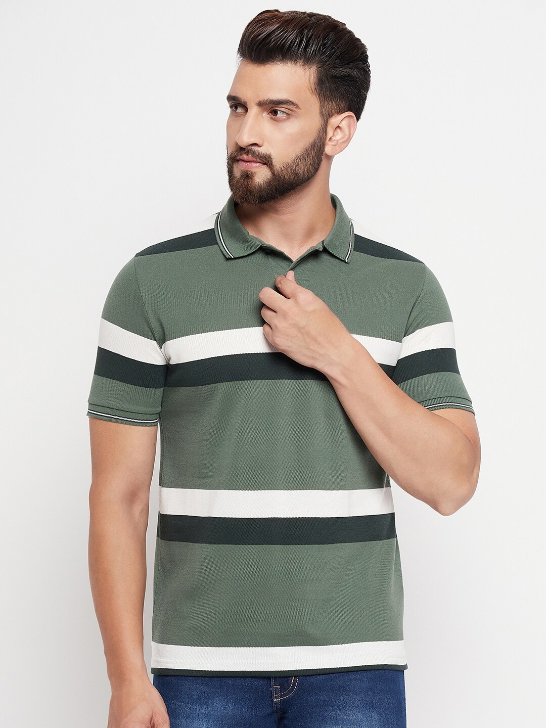 

Austin wood Striped Polo Collar Slim Fit Cotton T-shirt, Green