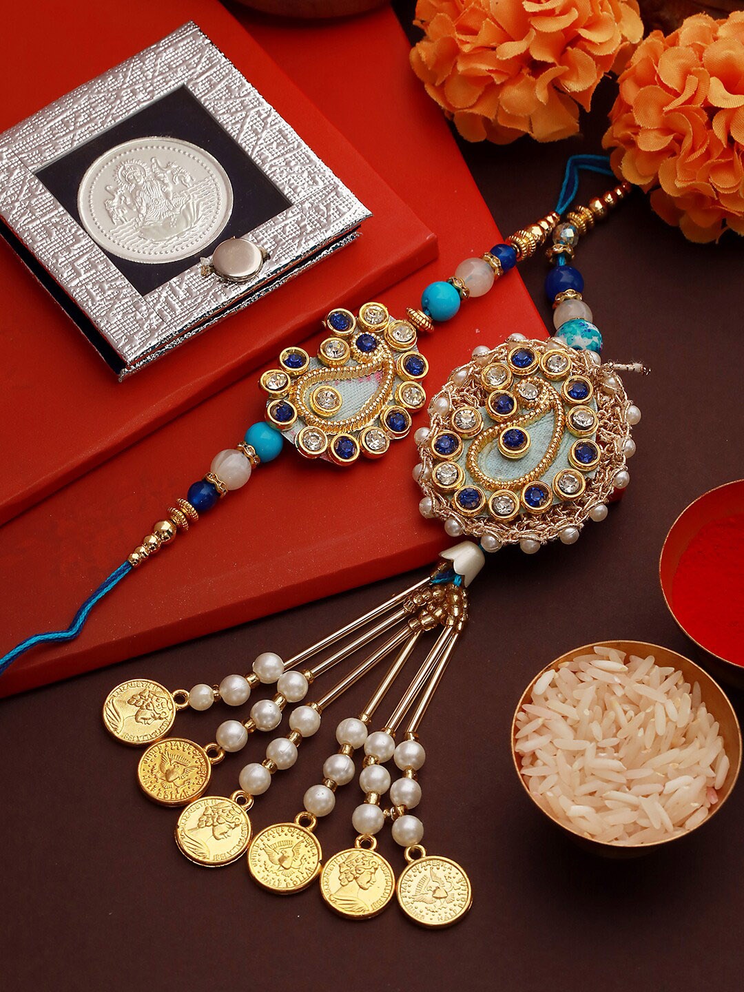 

Saraf RS Jewellery Blue Set Of 2 Studded Designer Bhaiya Bhabhi Rakhi With Silver Coin
