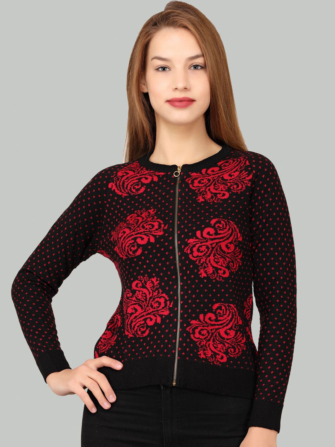 

LA-VITA Ethnic Motifs Printed Woolen Cardigan Sweater, Pink