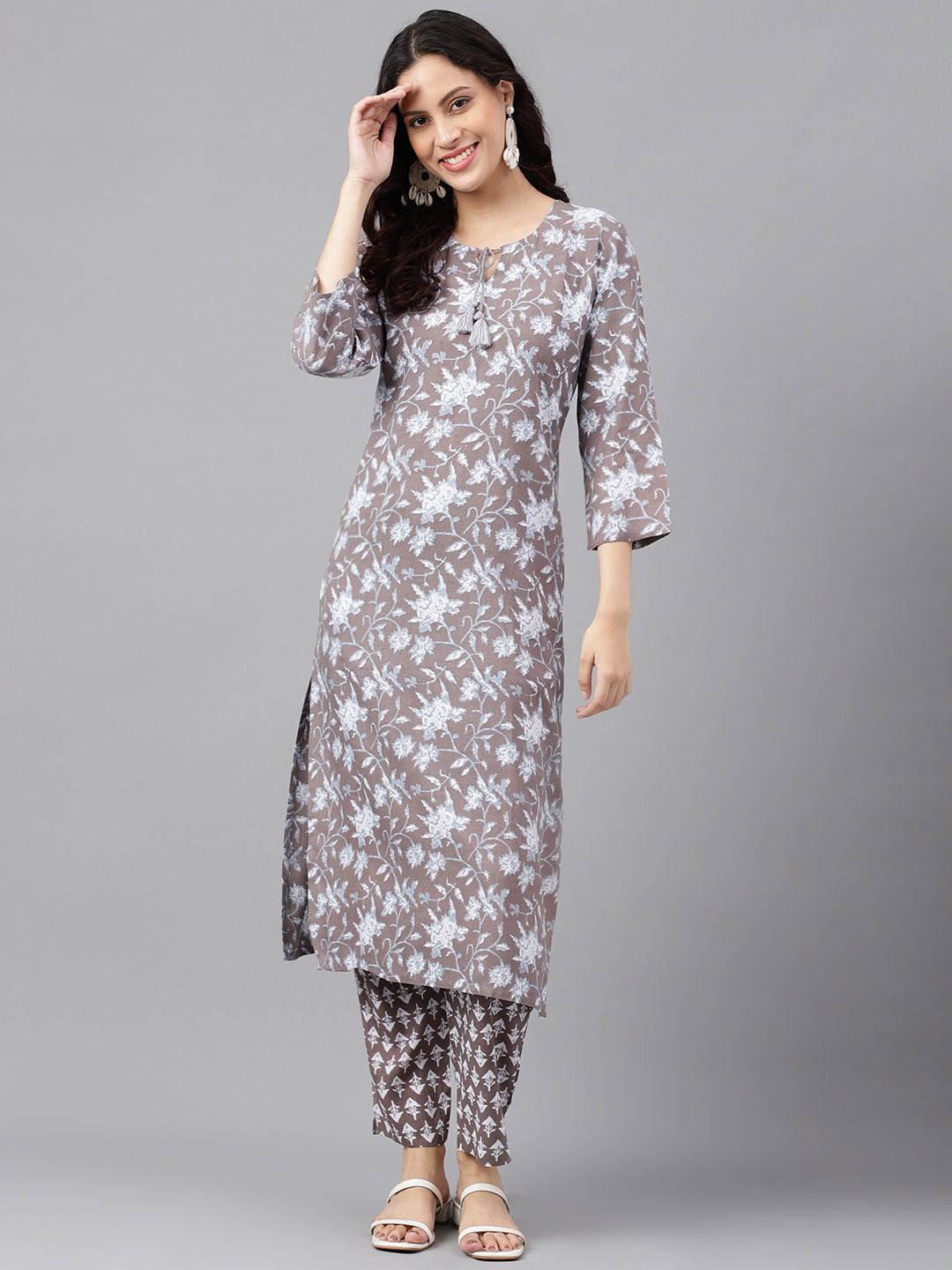 

KALINI Floral Printed Tie-Up Neck Straight Kurta With Trousers, Grey