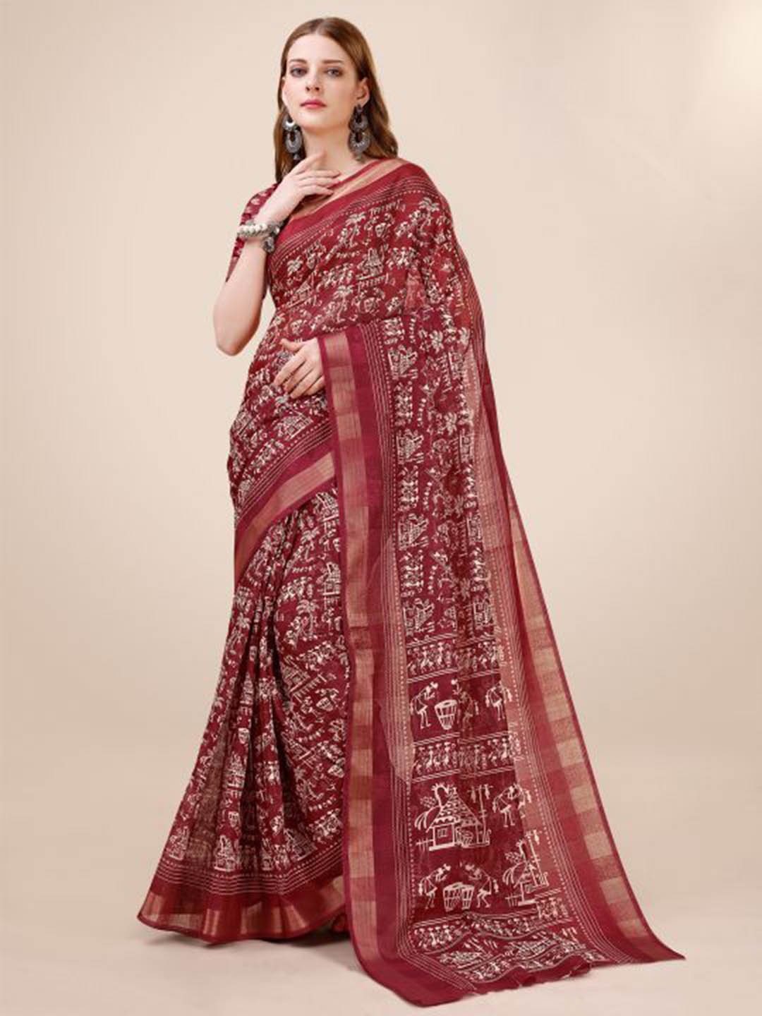 

Dori Warli Printed Zari Pure Cotton Saree, Maroon