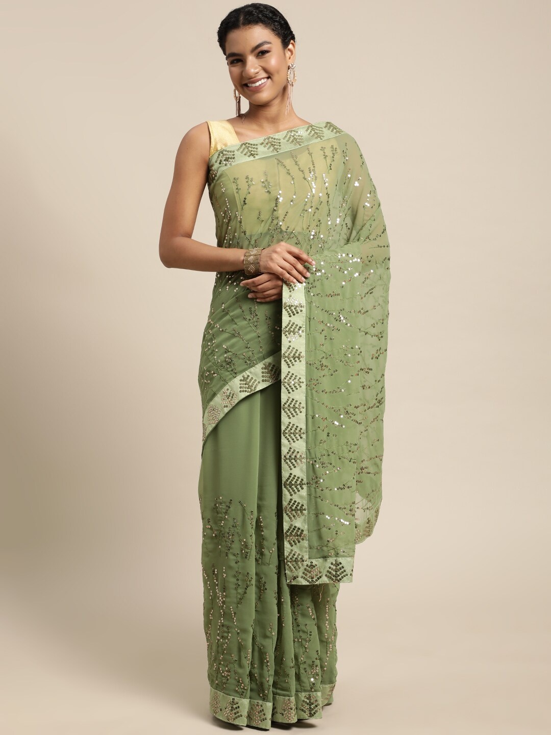 

KALINI Sequin Embellished Pure Georgette Saree, Green