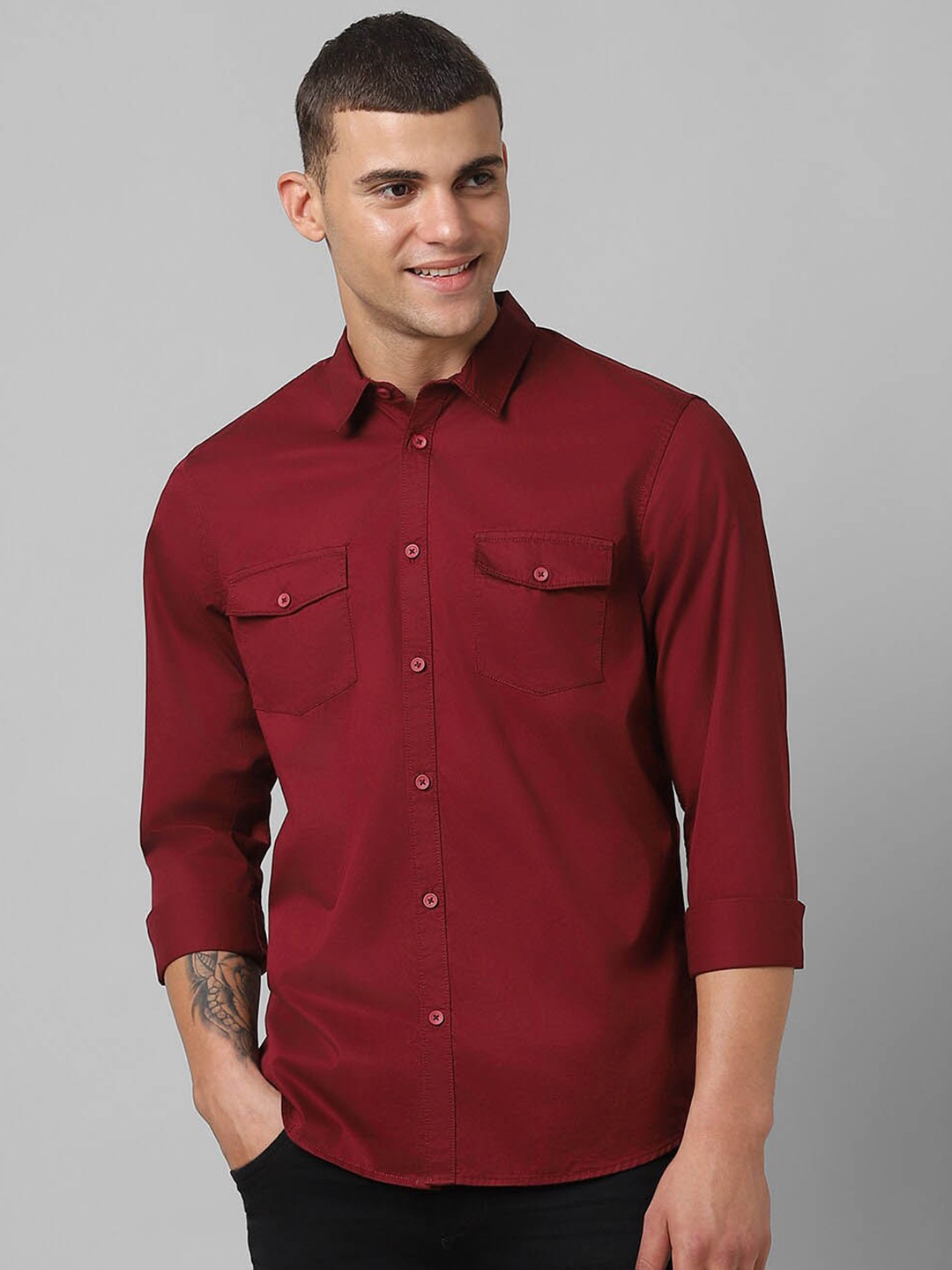 

People Maroon Slim Fit Pure Cotton Casual Shirt