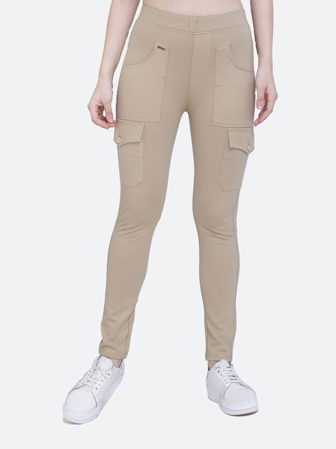 

FCK-3 Women Pocket Deatiled Jeggings, Beige