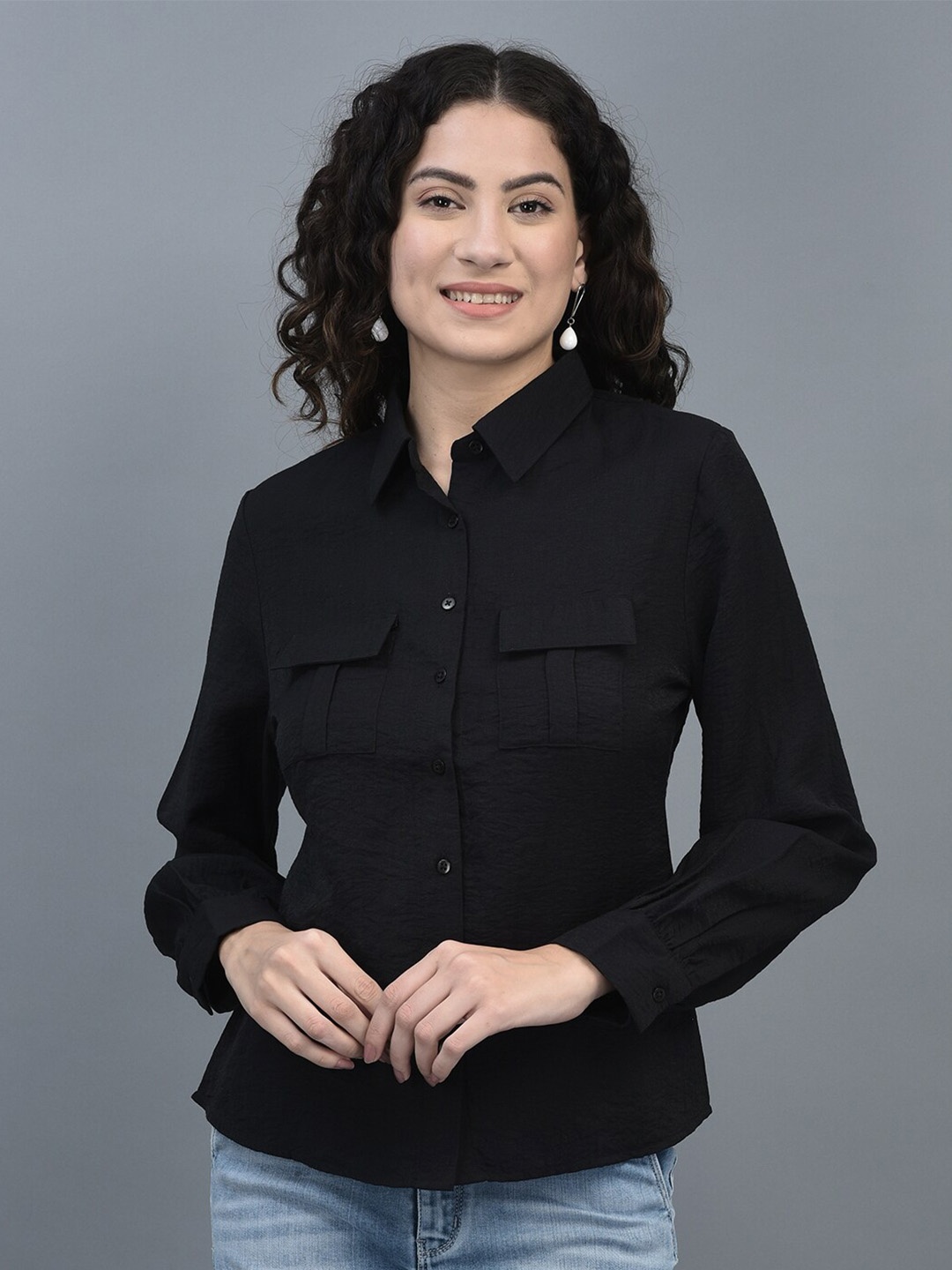 

CANOE Relaxed Spread Collar Casual Shirt, Black