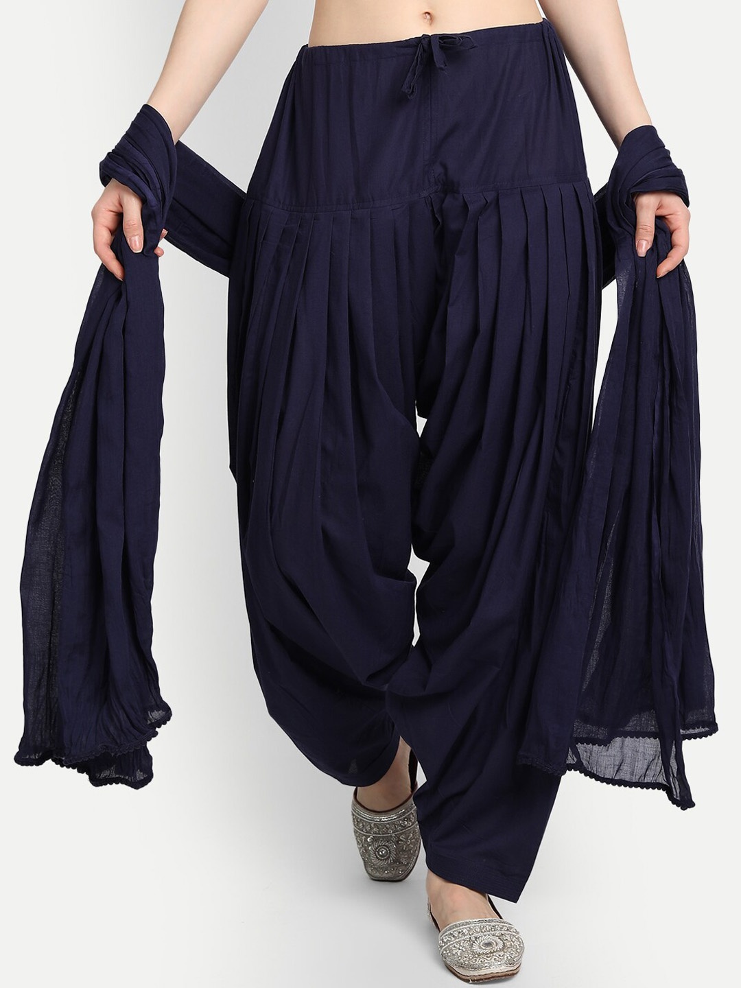 

SUTI Pleated Loose Fit Cotton Patiala Salwar and Dupatta, Navy blue