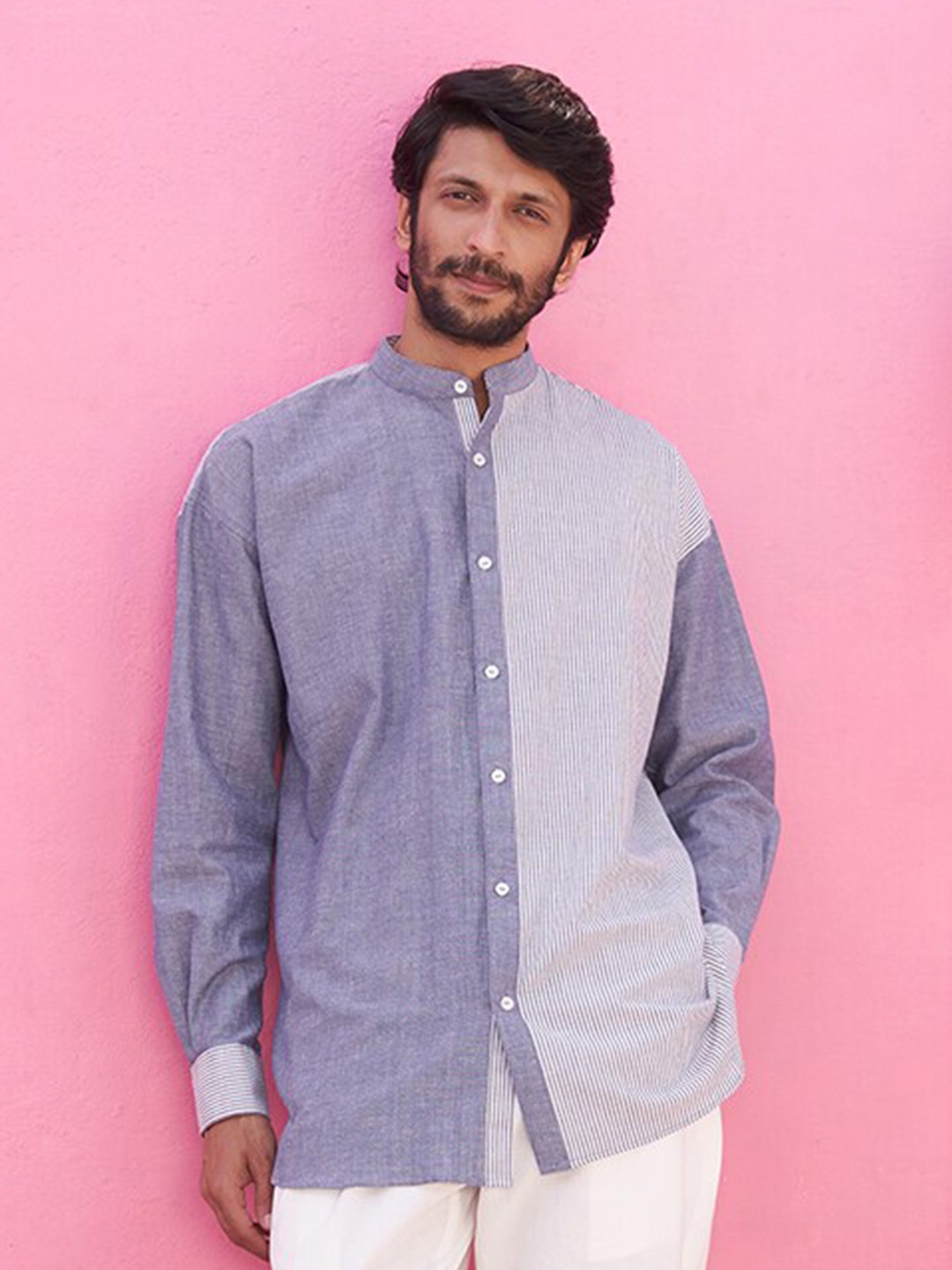 

Abhishti Vertical Stripes Mandarin Collar Cotton Casual Shirt, Blue