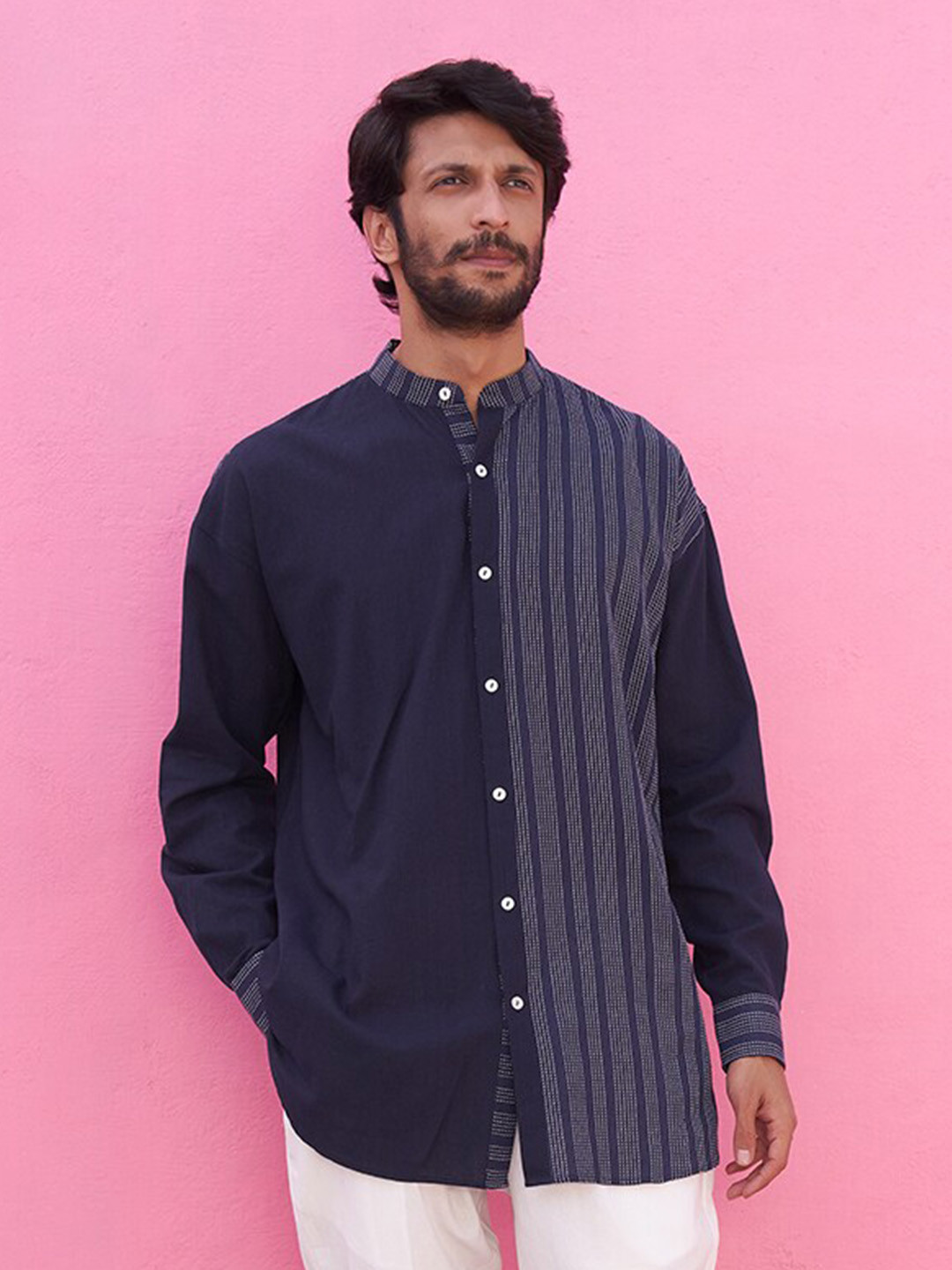 

Abhishti Vertical Stripes Mandarin Collar Cotton Casual Shirt, Blue