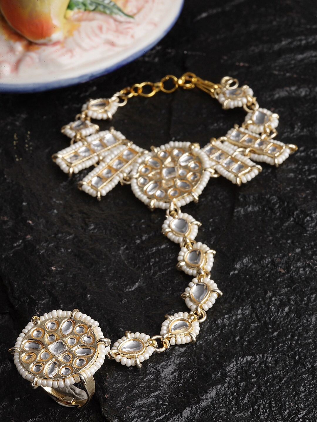 

Sanjog Women Gold Plated Stone-Studded & Beaded Ring Bracelet