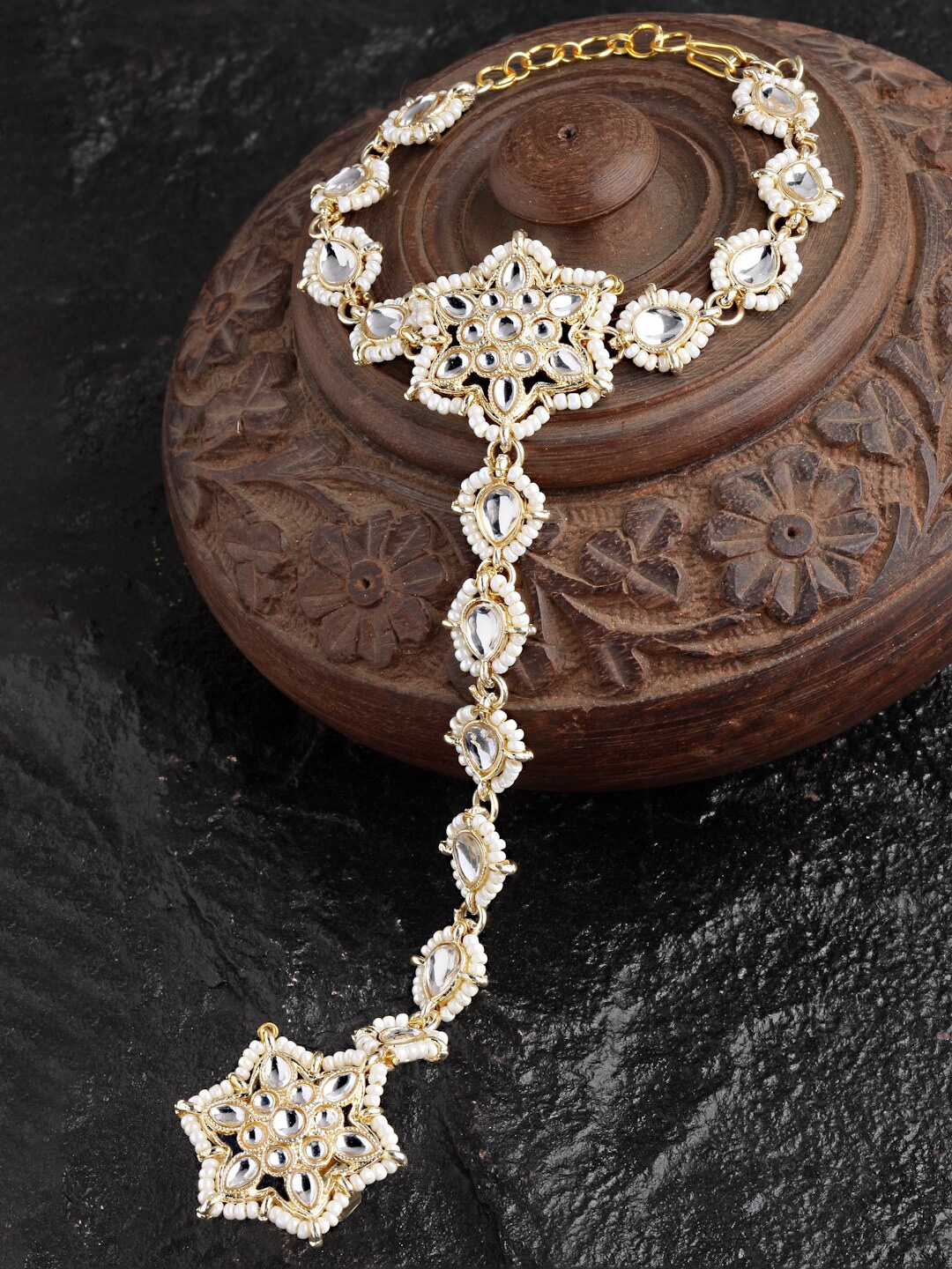 

Sanjog Gold-Plated Kundan-Studded Beaded Bracelet With Ring