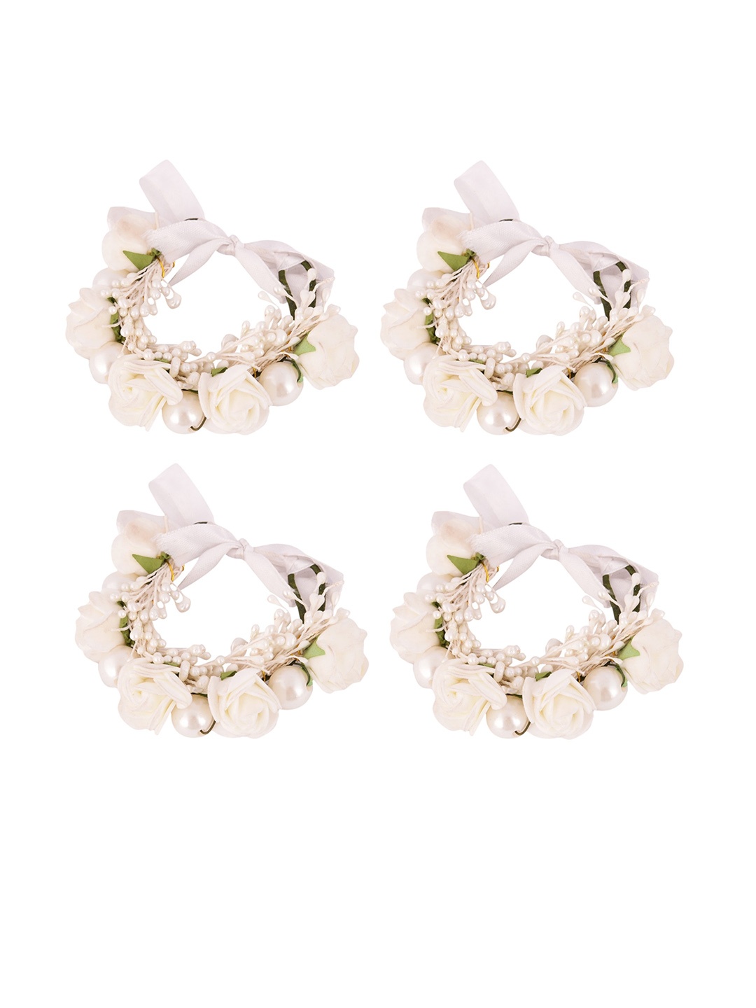 

Sanjog Women Set Of 4 Artificial Beaded & Flower Detail Wrist Band Rakhi, Off white