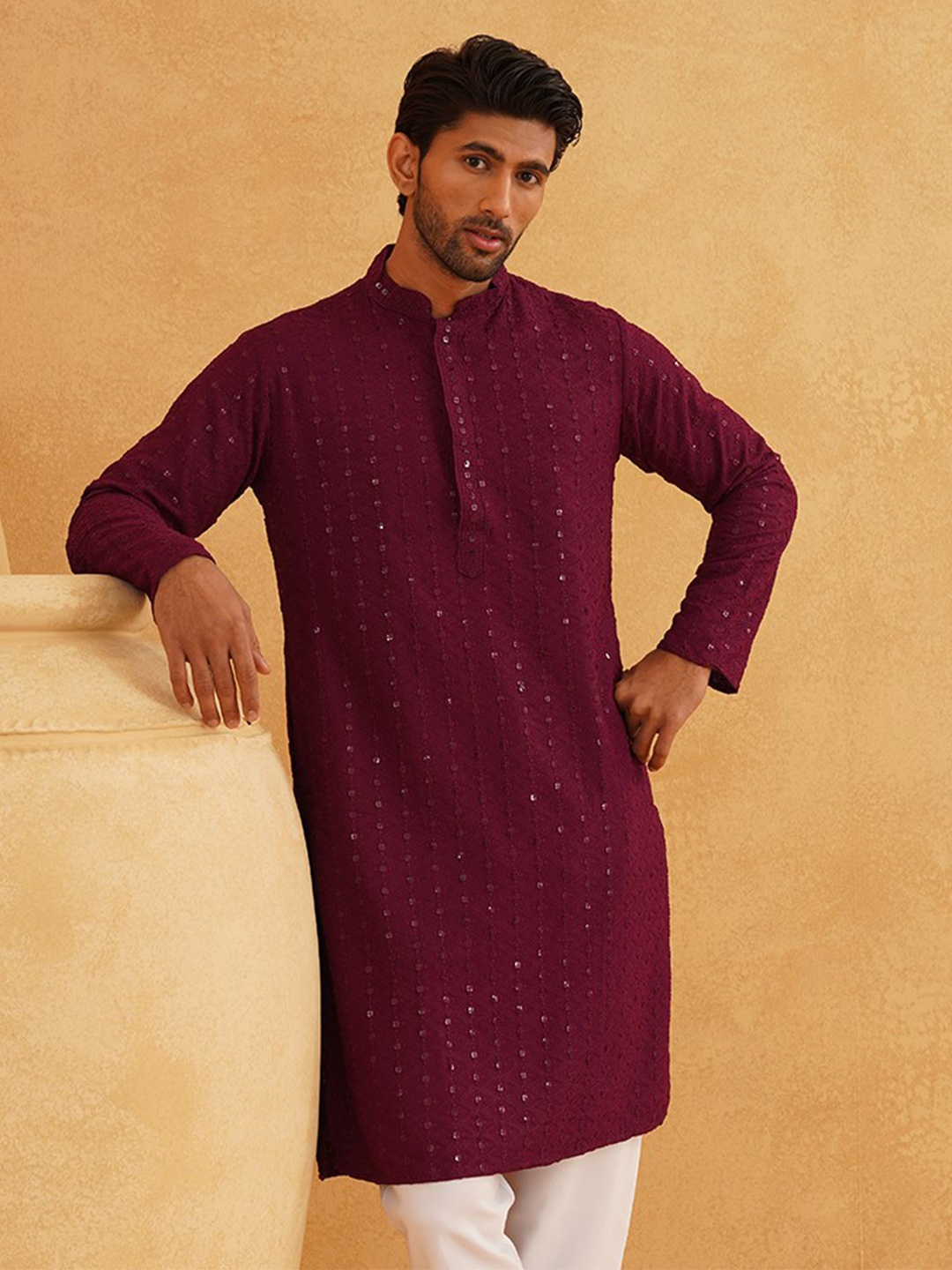 

SOJANYA Mandarin Collar Sequins Embellished Pure Cotton Straight Kurta, Purple