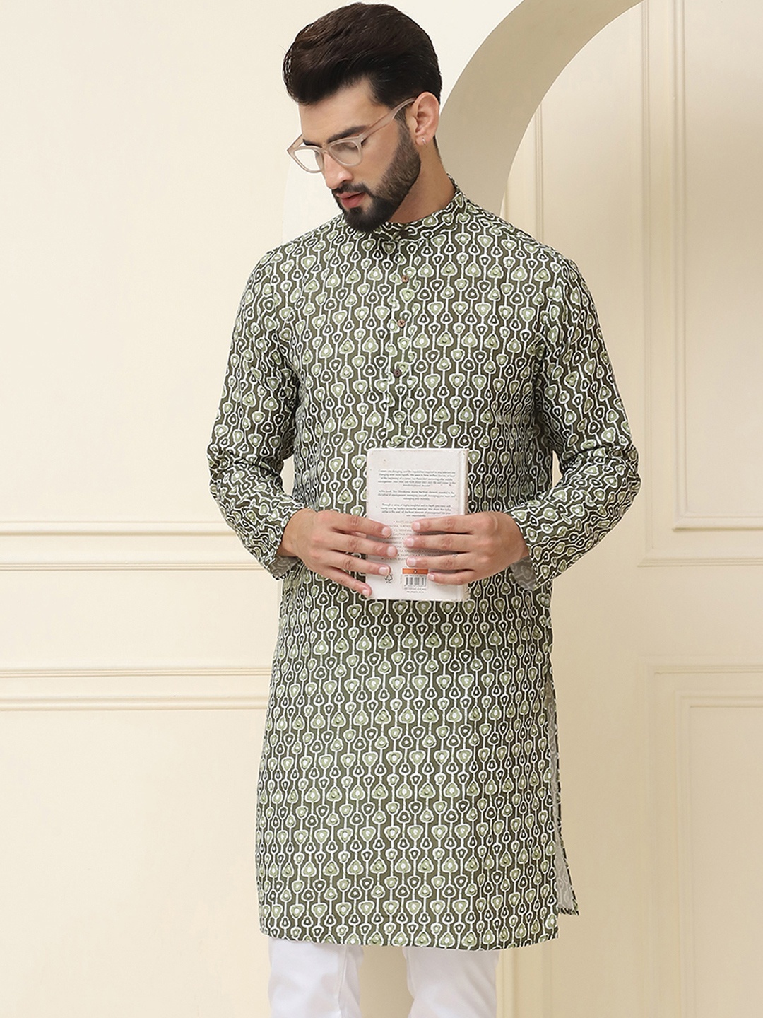 

SOJANYA Band Collar Geometric Printed Pure Cotton Straight Work Kurta, Green