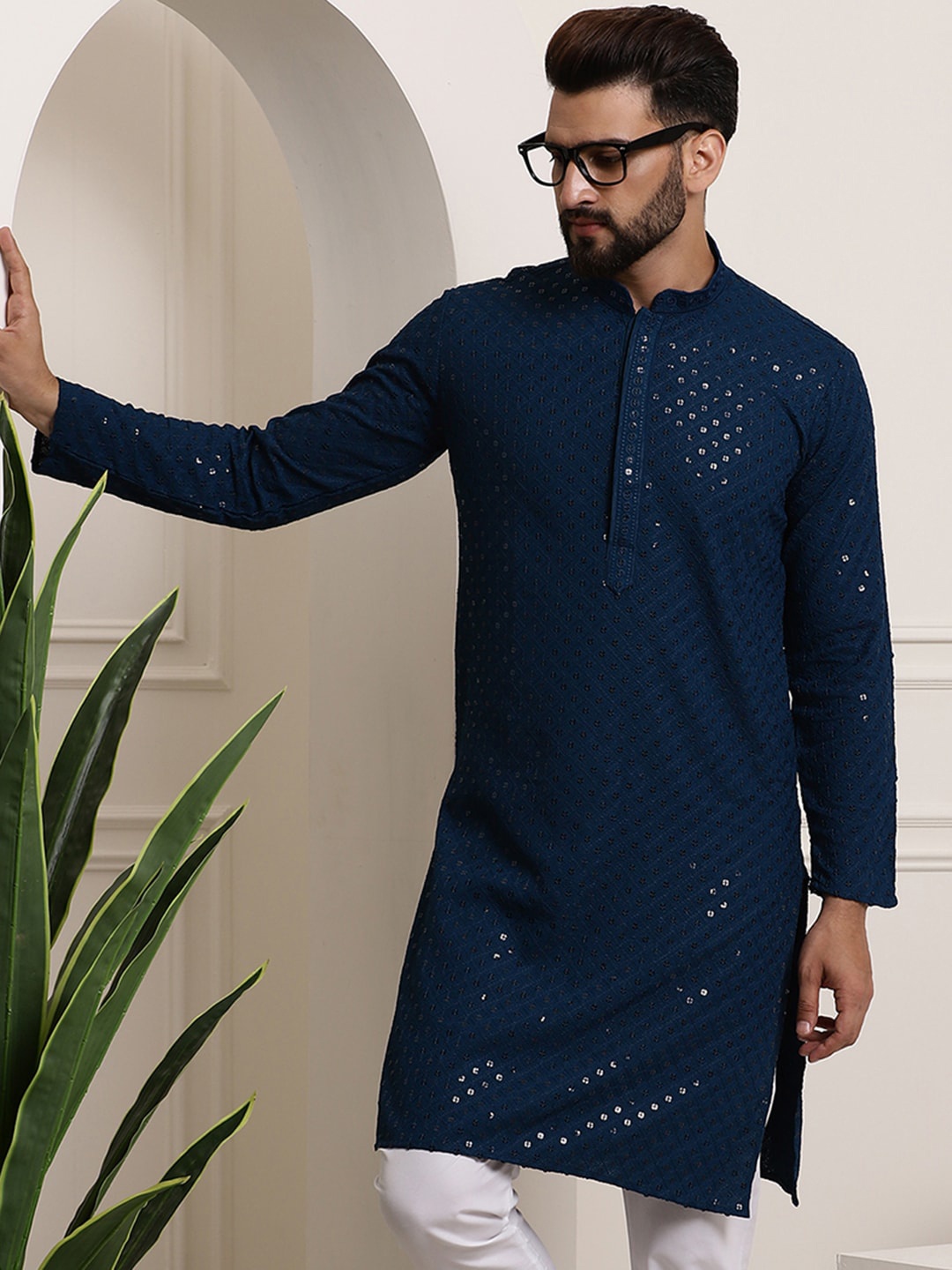 

SOJANYA Mandarin Collar Sequins Embellished Pure Cotton Straight Kurta, Blue