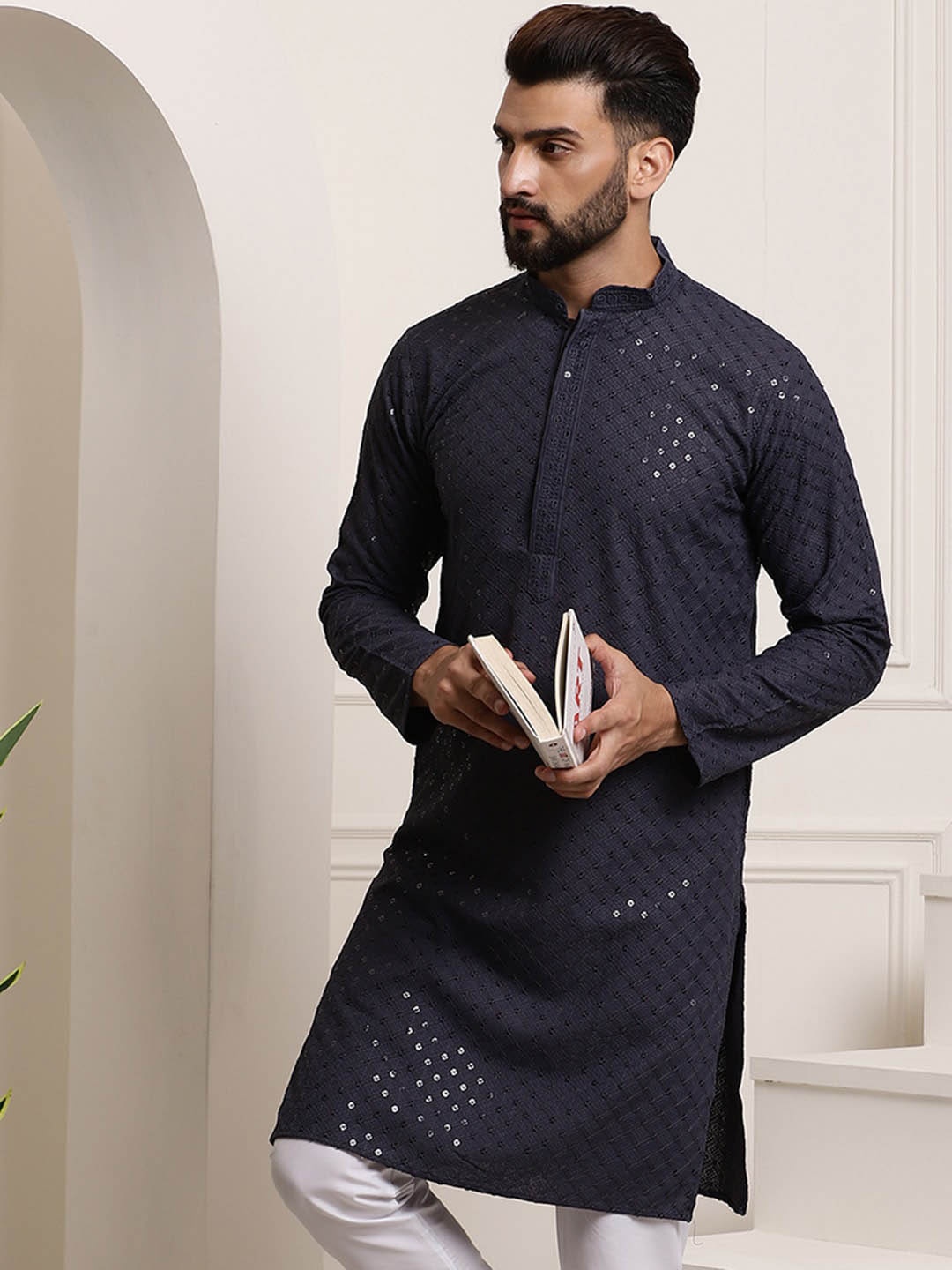 

SOJANYA Mandarin Collar Sequins Embellished Pure Cotton Straight Kurta, Grey