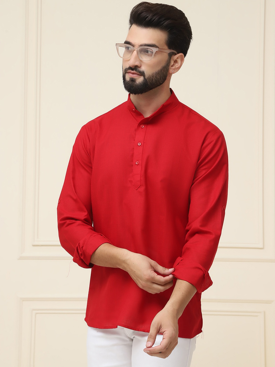 

SOJANYA Band Collar Roll-Up Sleeves Straight Kurta, Red