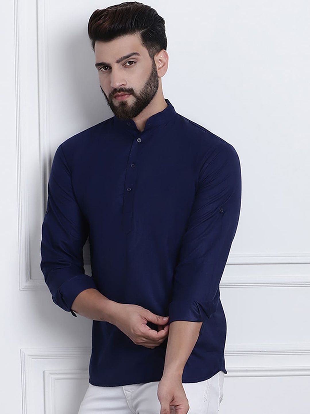 

SOJANYA Band Collar Roll-Up Sleeves Cotton Straight Kurta, Navy blue