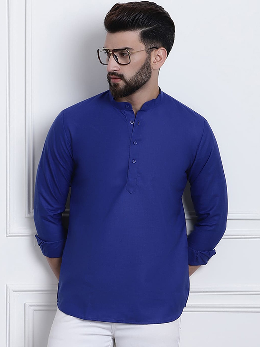 

SOJANYA Mandarin Collar Roll Up Sleeves Kurta, Blue