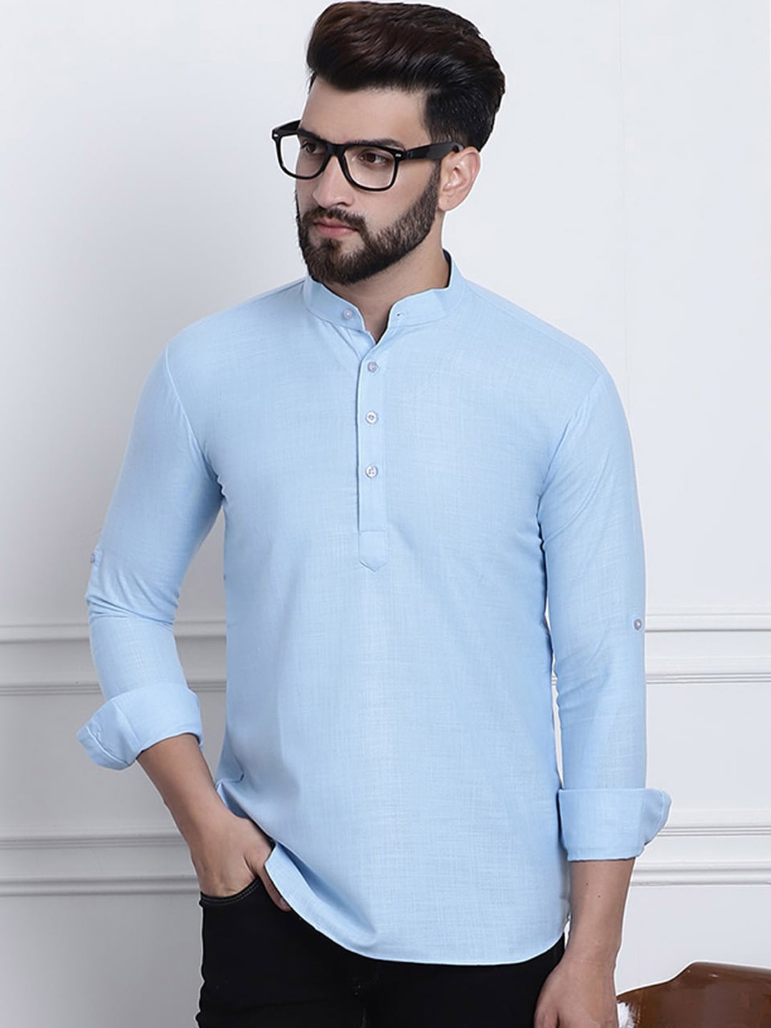 

SOJANYA Mandarin Collar Roll Up Sleeves Kurta, Blue