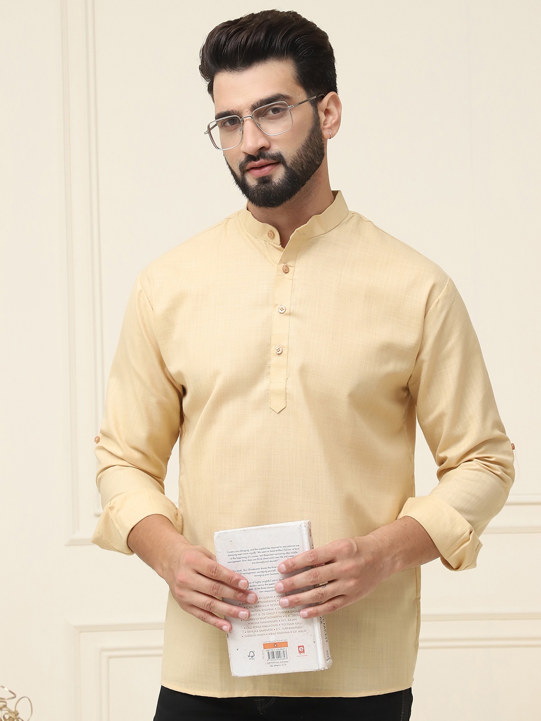 

SOJANYA Mandarin Collar Roll Up Sleeves Kurta, Gold