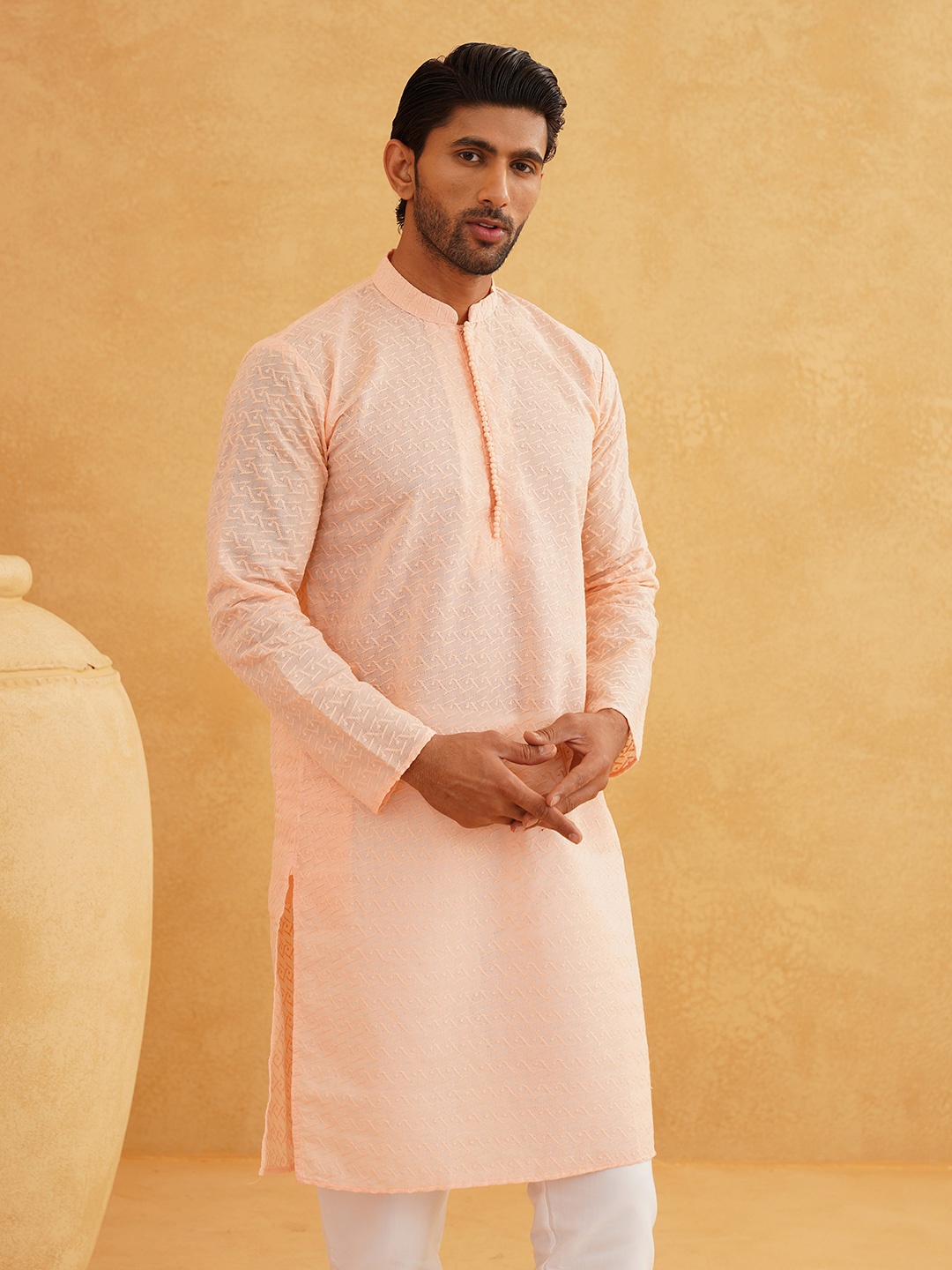 

SOJANYA Self Design Thread Work Mandarin Collar Pure Cotton Kurta, Peach