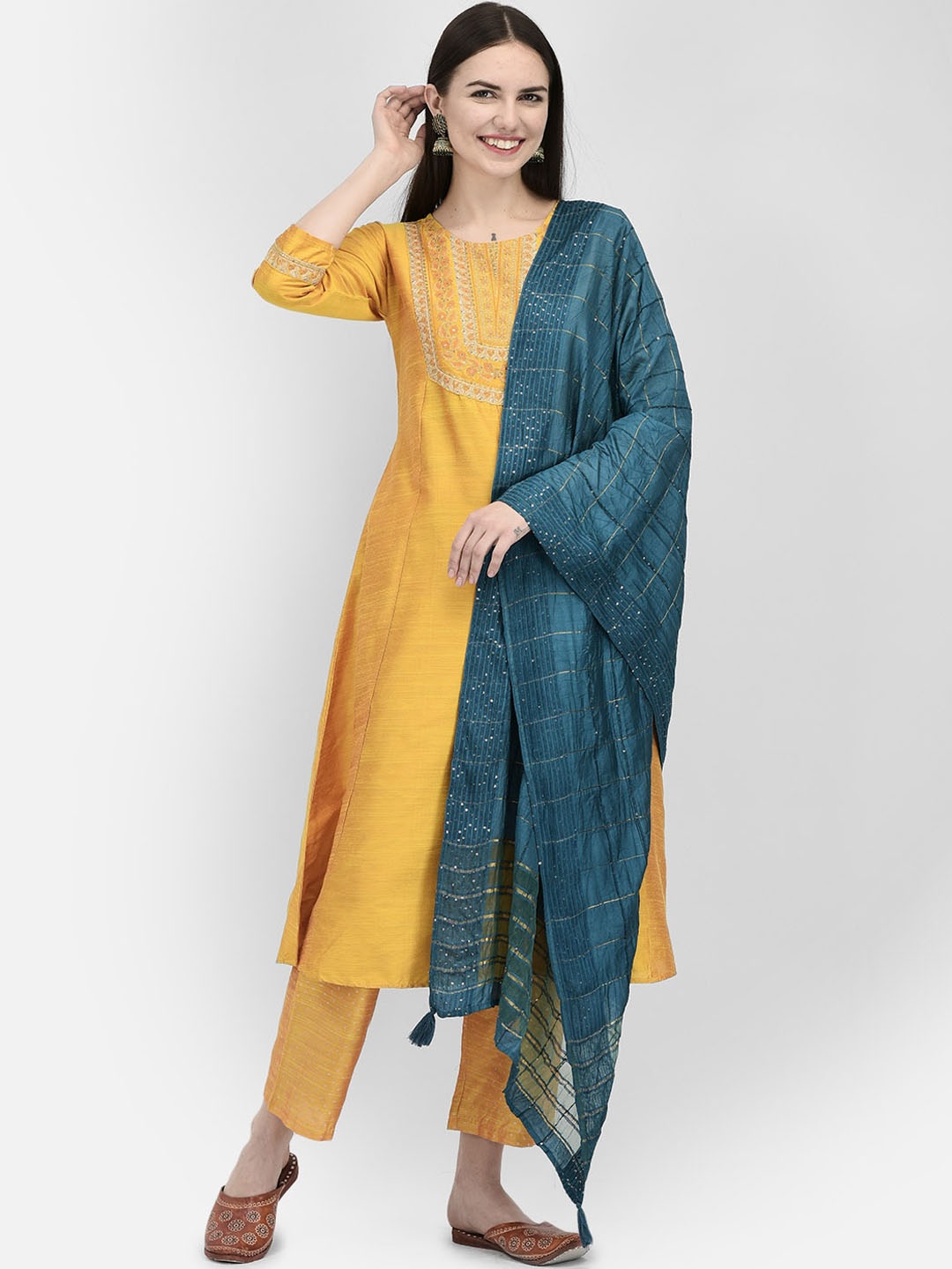 

Span Floral Embroidered Yoke Design Panelled A-Line Kurta, Yellow