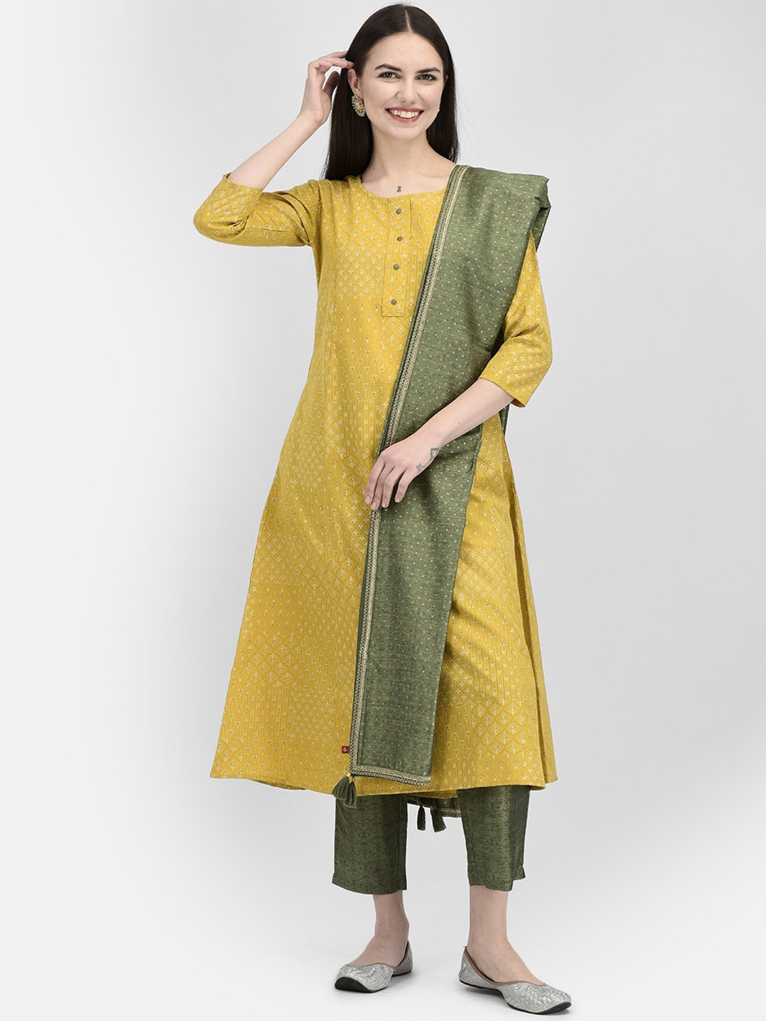

Span Ethnic Motif A-Line Three-Quarter Sleeves Kurta, Yellow