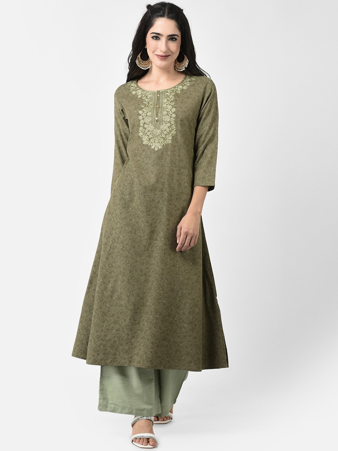 

Span Floral Printed A-Line Thread Work Three Quarter sleeves Kurta, Green