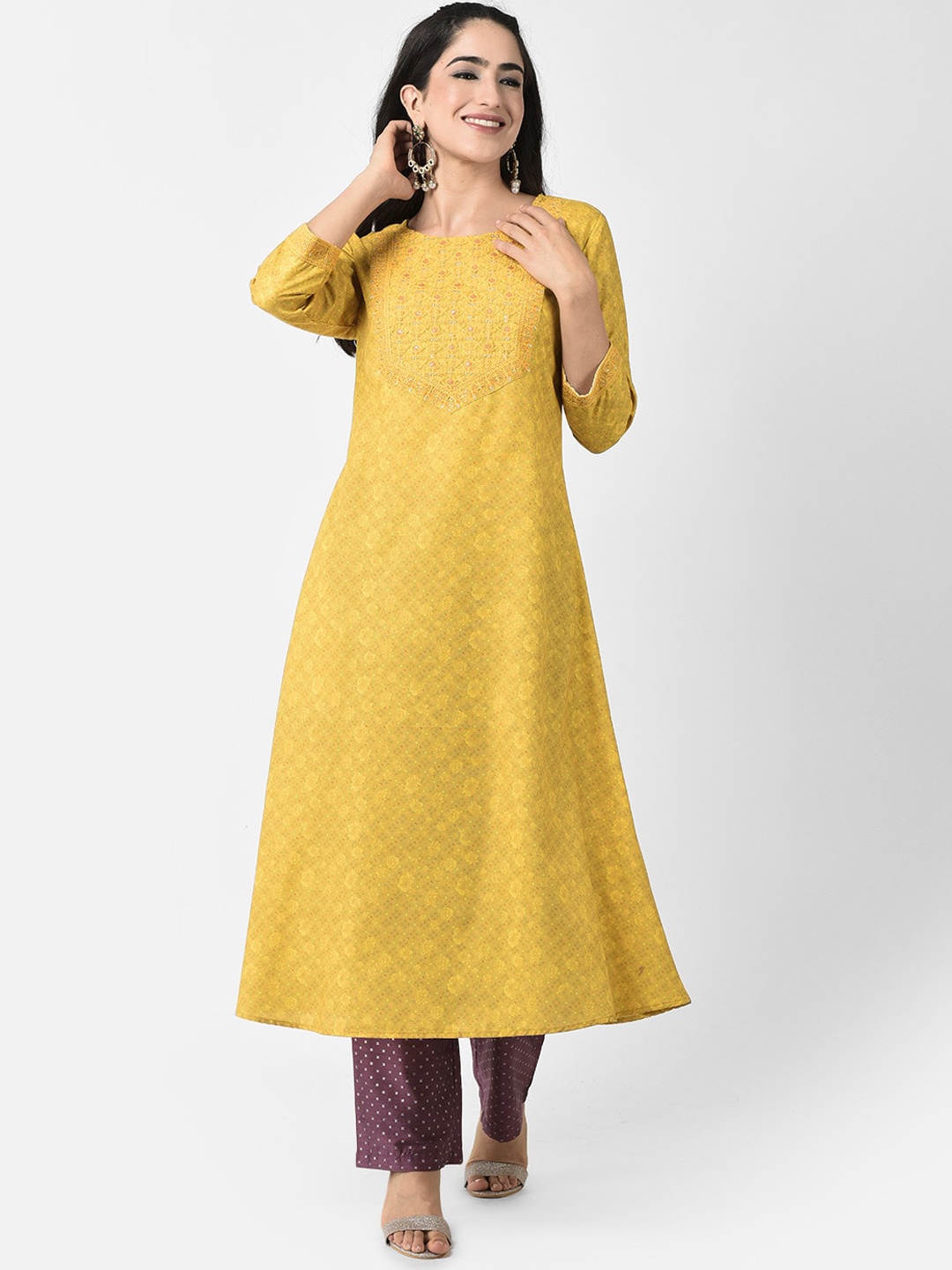 

Span Woven Design A-Line Thread Work Kurta, Yellow