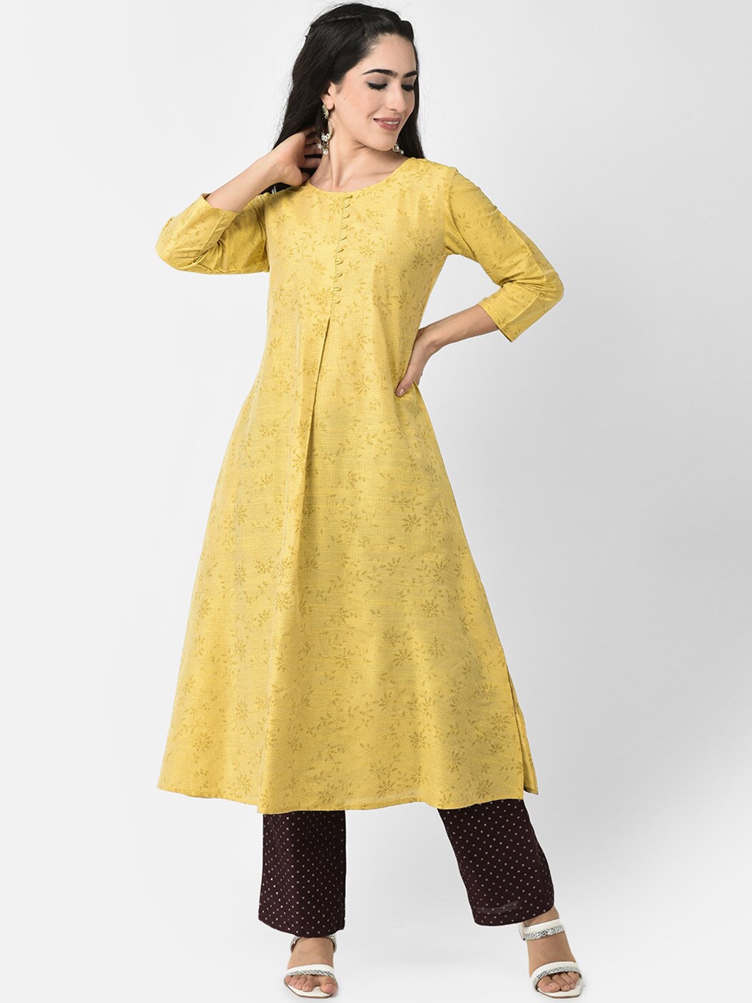 

Span Woven Design A-Line Round Neck Kurta, Yellow