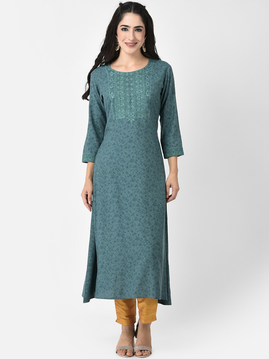 

Span Woven Design A-Line Thread Work Kurta, Green
