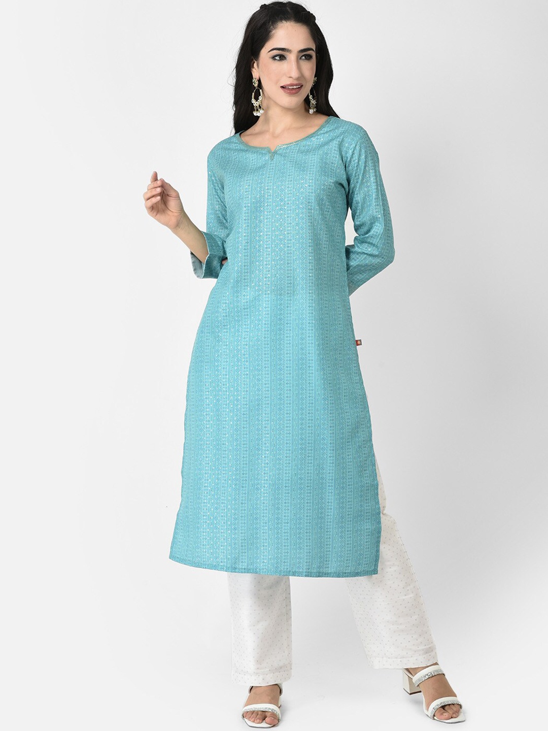 

Span Ethnic Motifs Printed Round Neck Sequinned Straight Pure Cotton Kurta, Blue