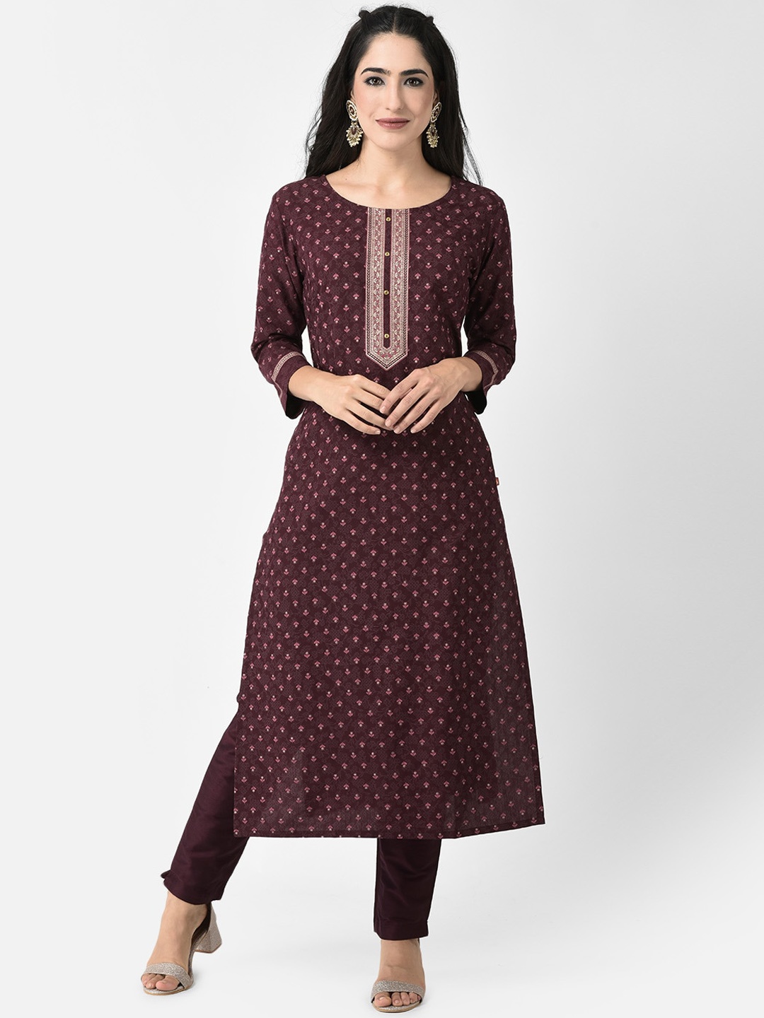 

Span Ethnic Motifs Printed Round Neck Thread Work Straight Kurta, Purple