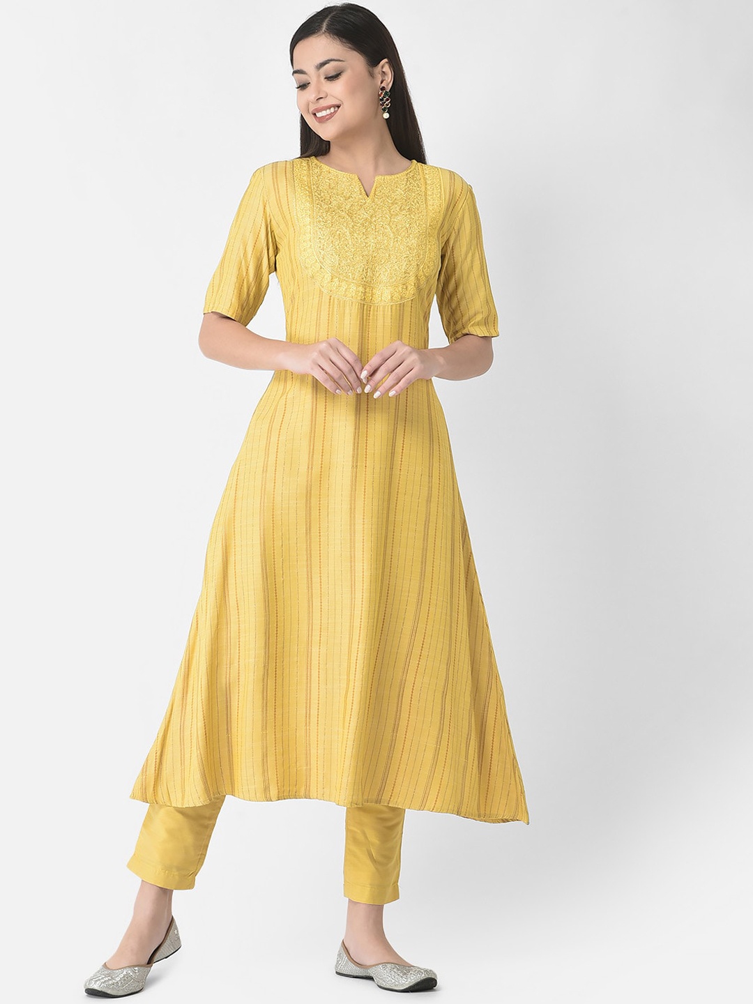 

Span Striped Round Neck Thread Work Yoke Design Kurta, Yellow