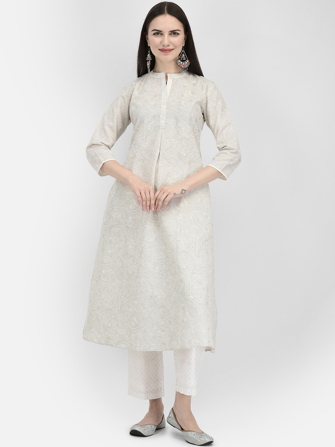 

Span Ethnic Motifs Printed Mandarin Collar A-Line Pure Cotton Kurta, White