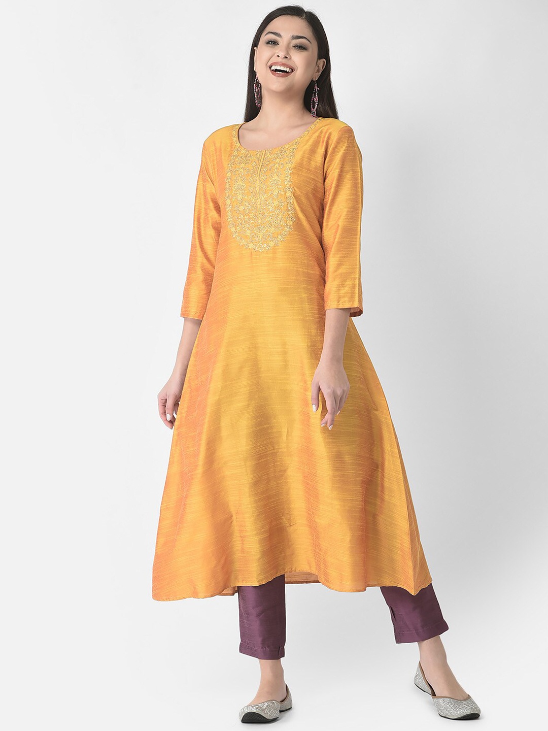 

Span Floral Embroidered Round Neck Yoke Design A-Line Kurta, Yellow