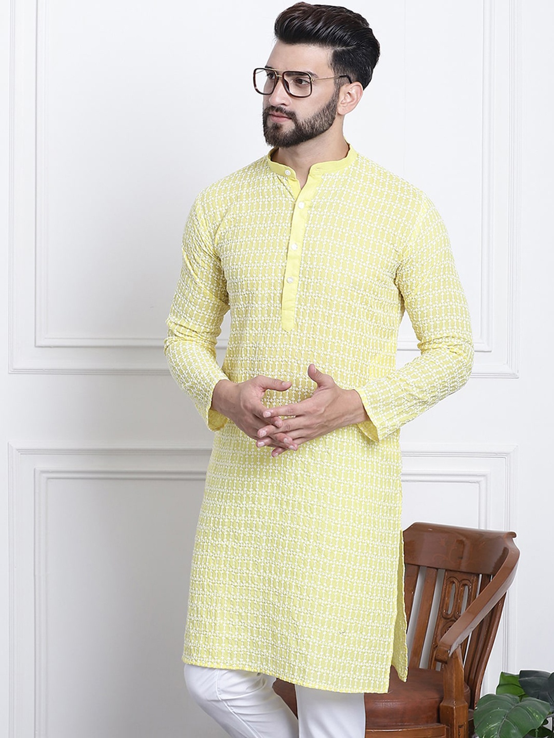 

SOJANYA Ethnic Motifs Embroidered Pure Cotton Kurta, Yellow