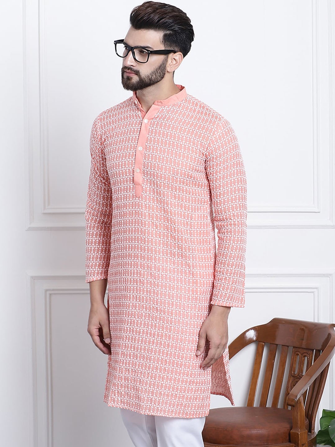 

SOJANYA Ethnic Motifs Embroidered Pure Cotton Kurta, Peach