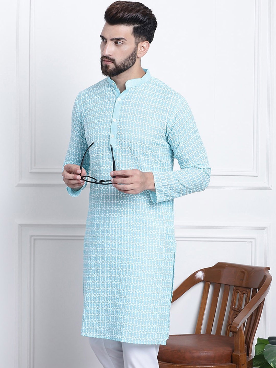 

SOJANYA Ethnic Motifs Embroidered Pure Cotton Kurta, Blue