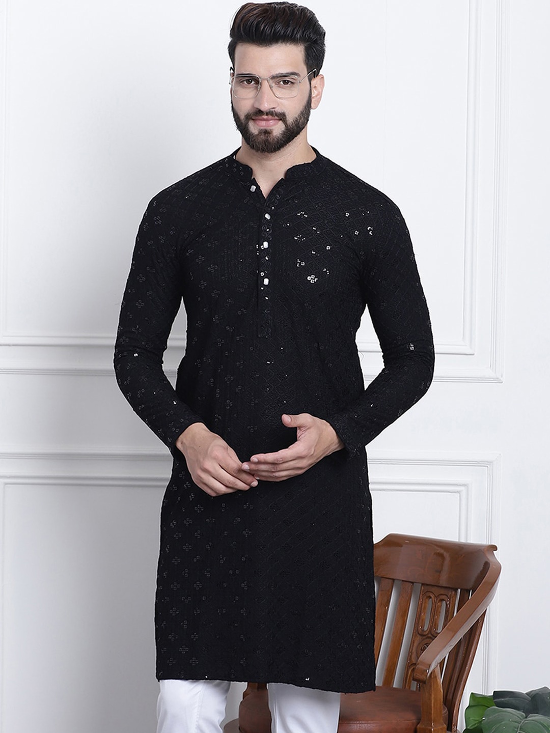 

SOJANYA Embellished Mandarin Collar Pure Cotton Kurta, Black