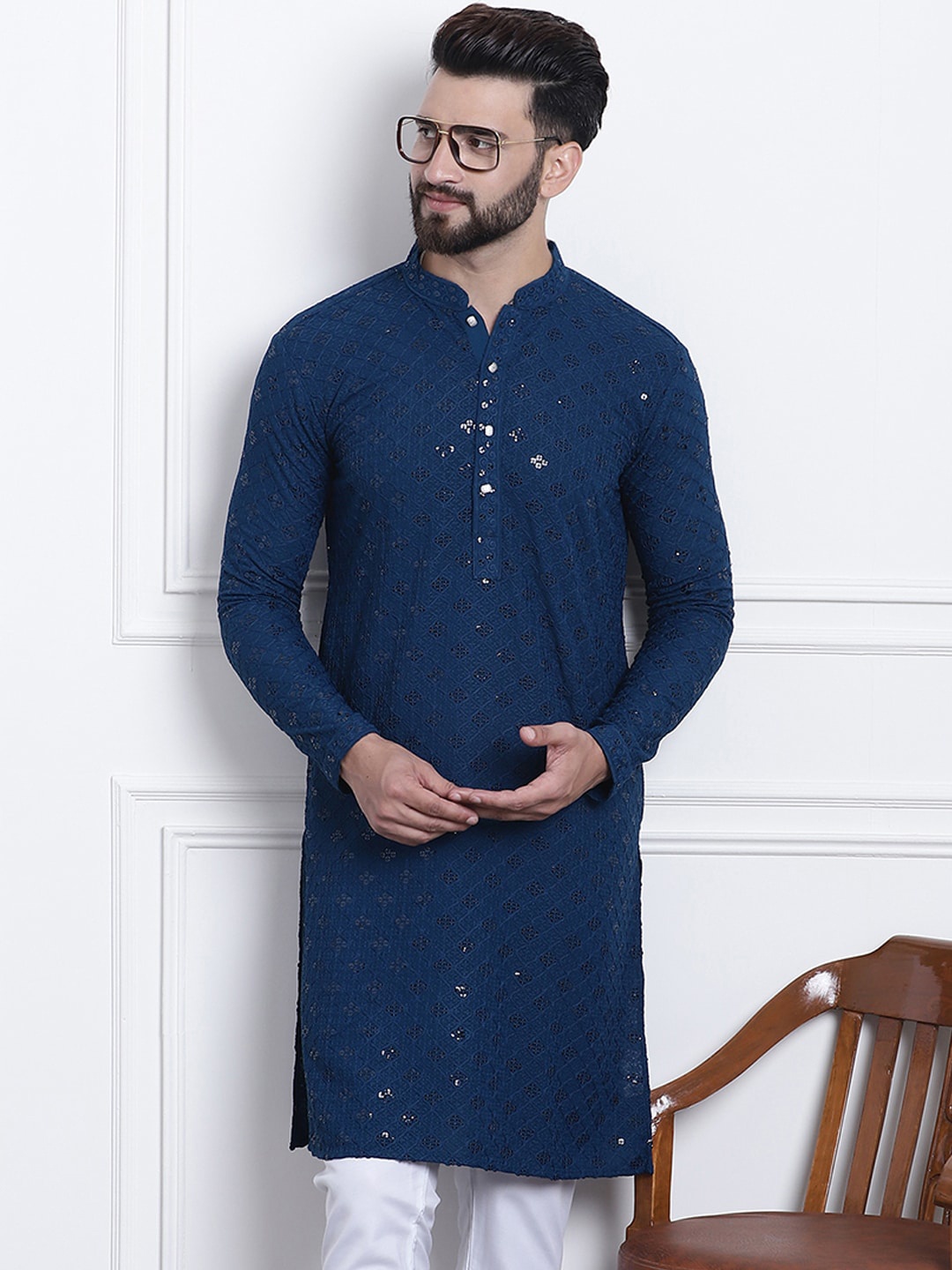 

SOJANYA Embellished Mandarin Collar Pure Cotton Kurta, Teal