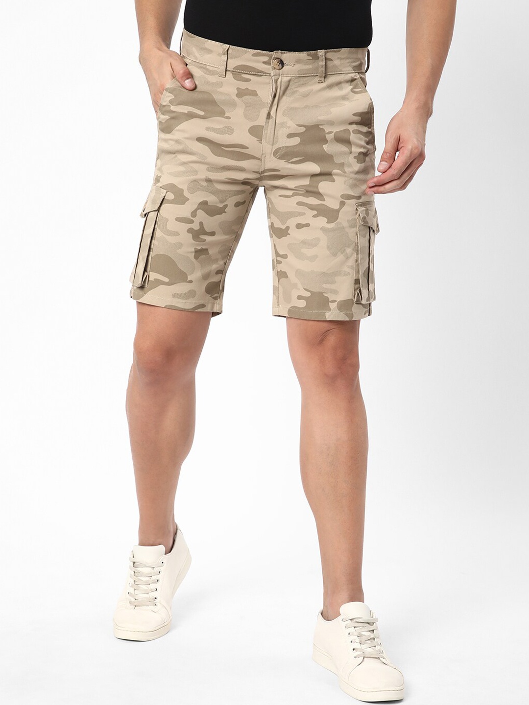 

R&B Men Camouflage Printed Cotton Cargo Shorts, Beige