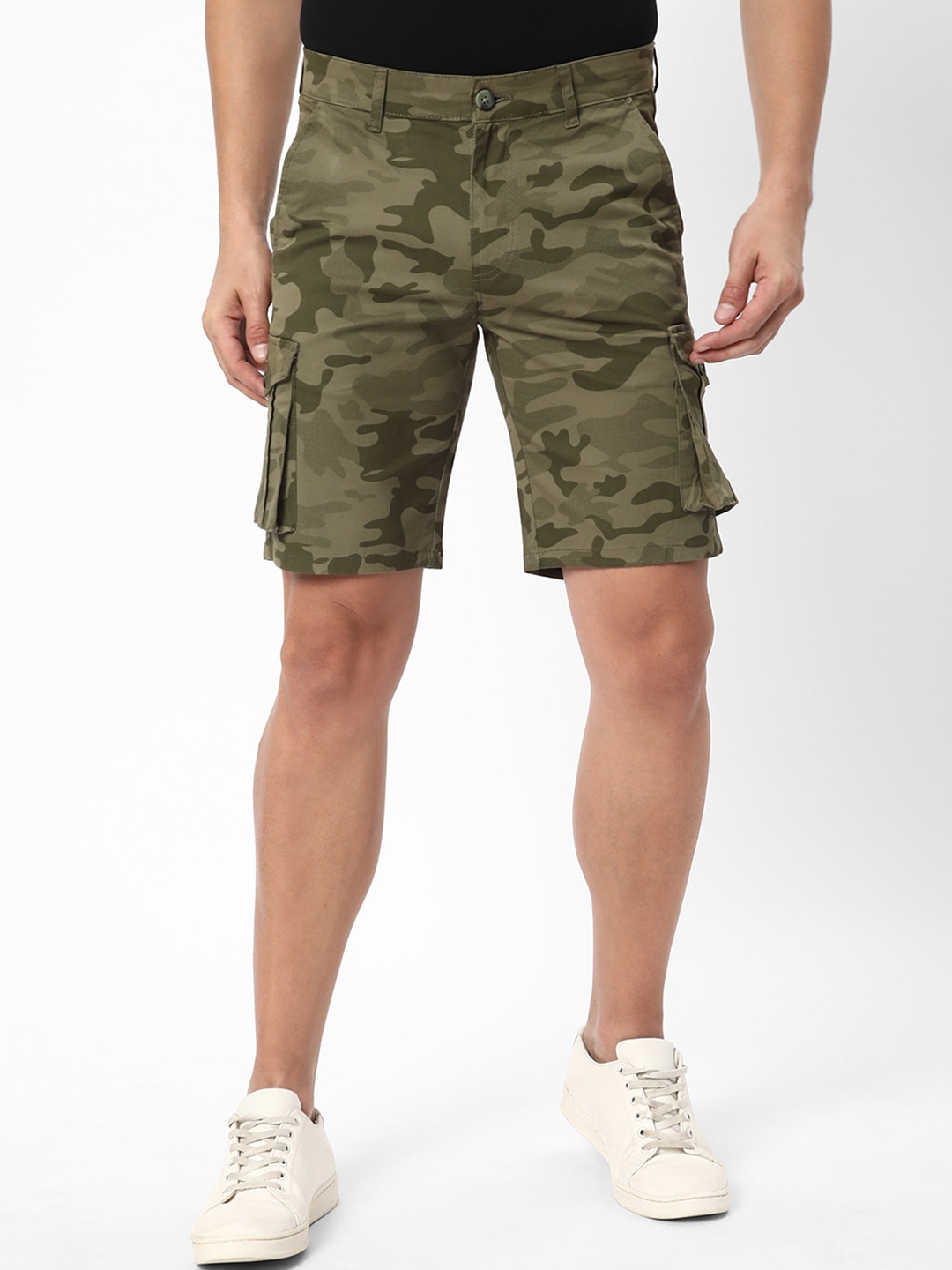 

R&B Men Camouflage Printed Cotton Cargo Shorts, Olive
