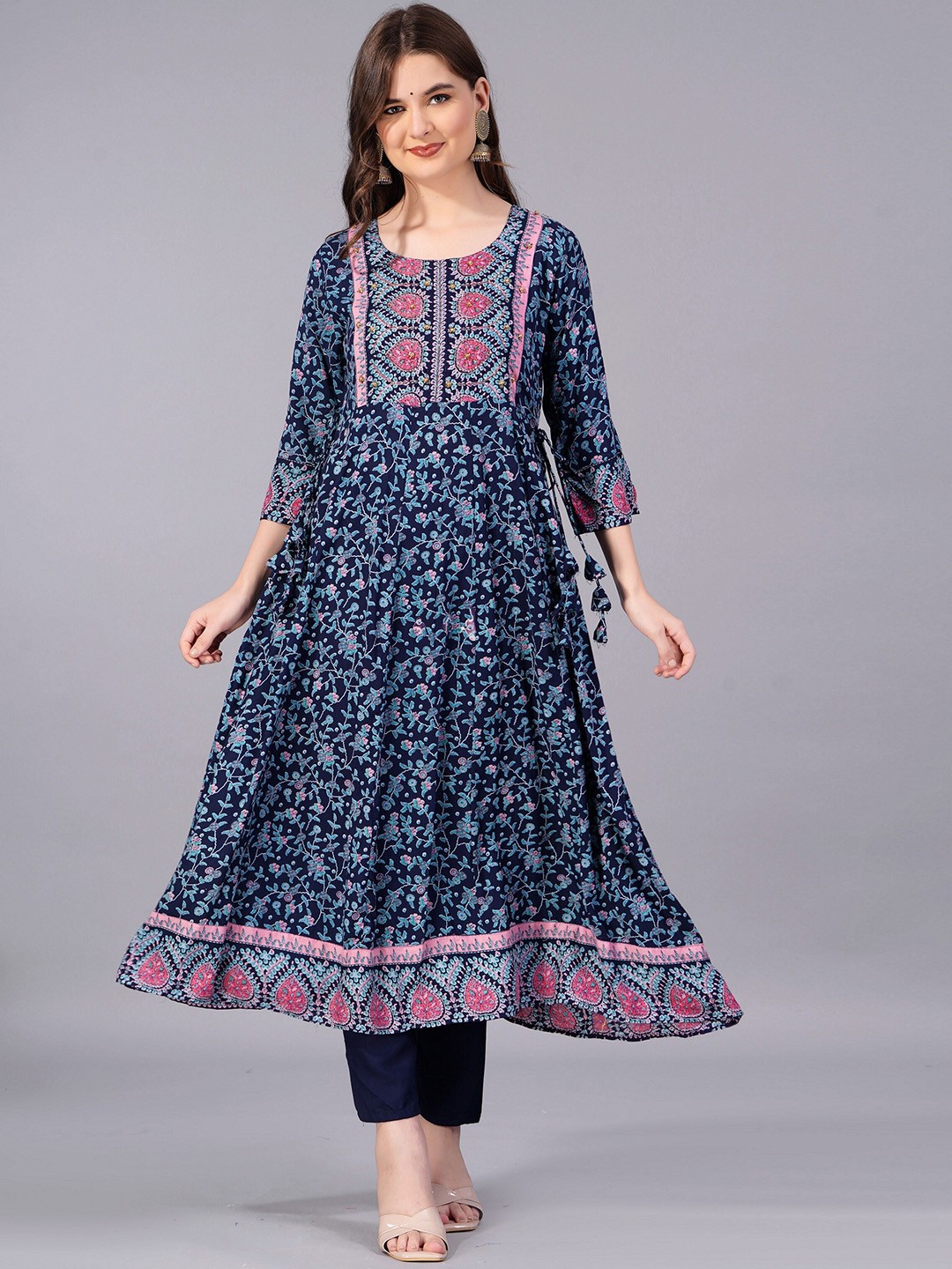 

KALINI Floral Printed Beads And Stones Anarkali Kurta With Trousers & Dupatta, Blue